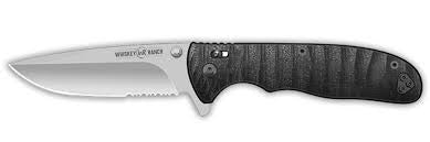 Whiskey Bent Pocket Knife Single Blade Catch Pin Lock G10 with Clip 60/40 Serrated 'Raven'