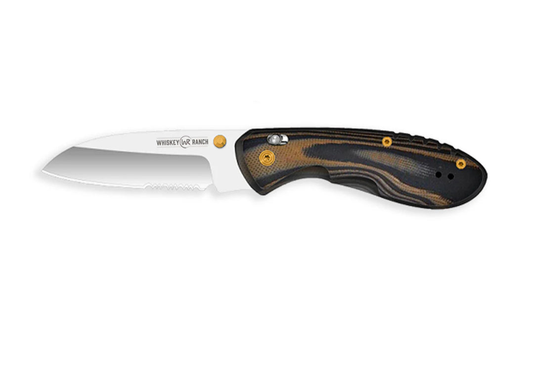 Whiskey Bent Pocket Knife Single Blade Catch Pin Lock with Clip 60/40 Serrated 'Chaps'