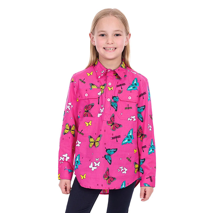 KIDS GISELLE 1/2 PLKT LS SHIRT- HOT PINK
