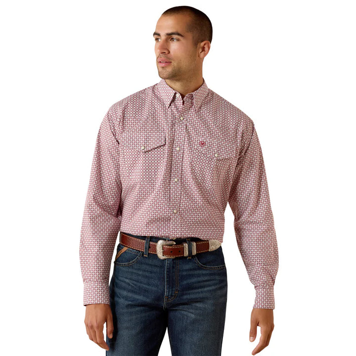 ARIAT MNS TRUTH CLASSIC FIT LS SNAP SHIRT BRICK RED MEDALLION PRINT