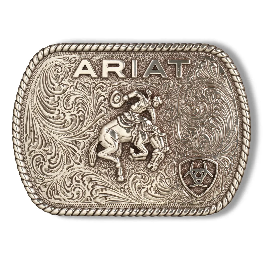 ARIAT RECTANGLE VINTAGE SADDLE BRONC BUCKLE AGED SILVER