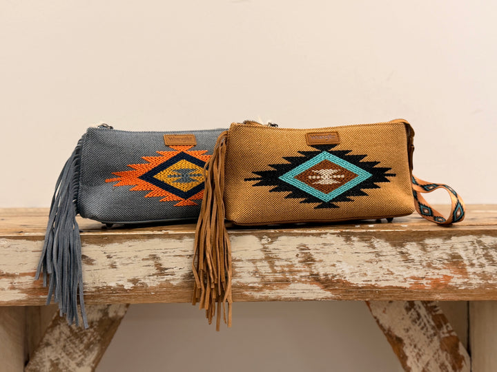 EMBROIDED AZTEC FRINGE WRIST BAG