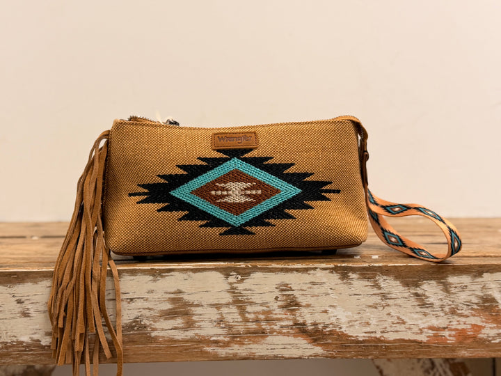 EMBROIDED AZTEC FRINGE WRIST BAG