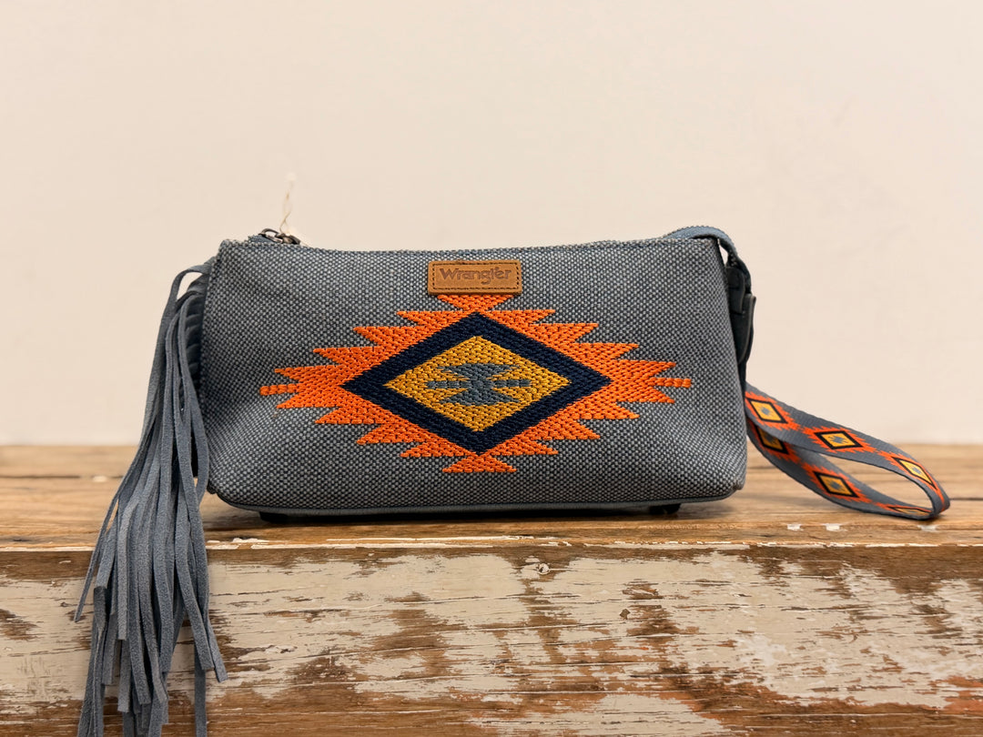 EMBROIDED AZTEC FRINGE WRIST BAG