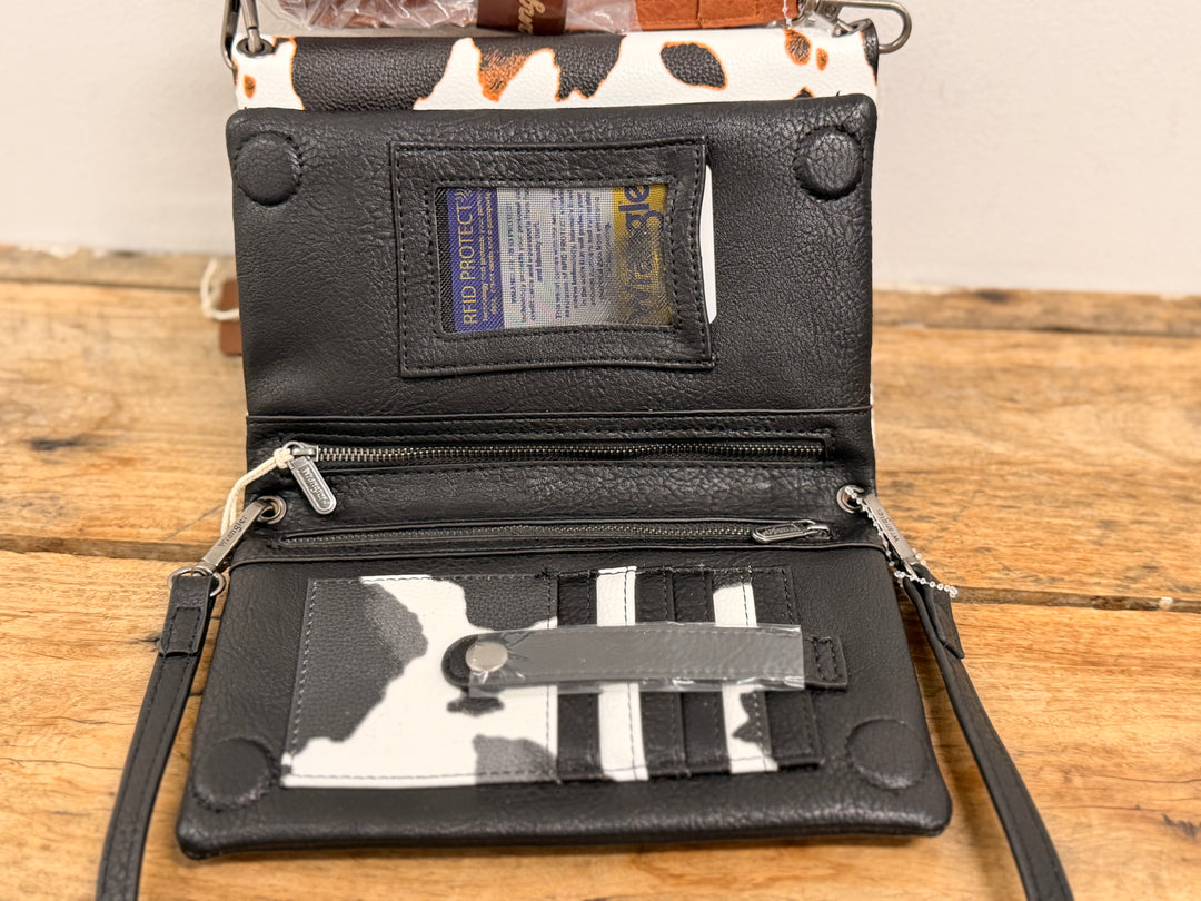 WRANGLER COW PRINT CROSSBODY WALLET